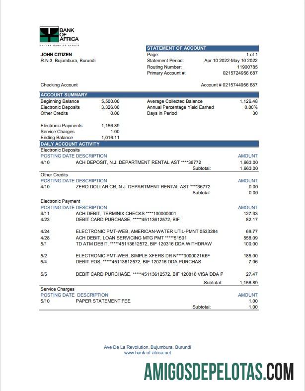 Extrato bancário do Burundi Bank Of Africa para download, modelo Excel e PDF (AutoSum)